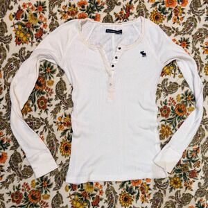 Y2K Abercrombie & Fitch White Ribbed Lace Trim Henley Long Sleeve Top - Small